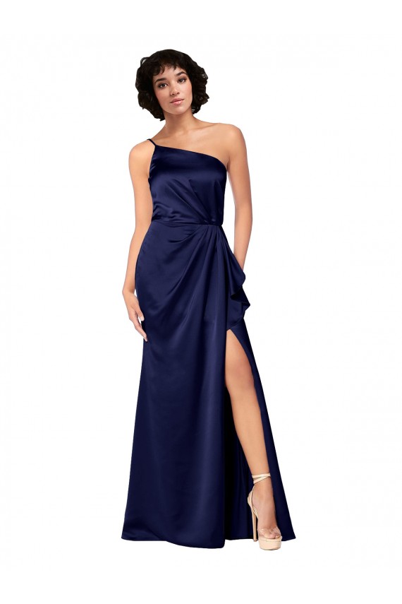 Safira Linha A Um Ombro Cetim Sedoso Longo Formais Vestidos de Madrinha / Vestidos de Festa