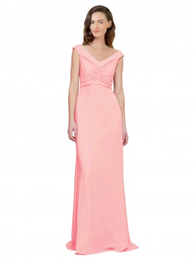 Salmão Linha A Decote V Chiffon Longo Vestidos de Madrinha
