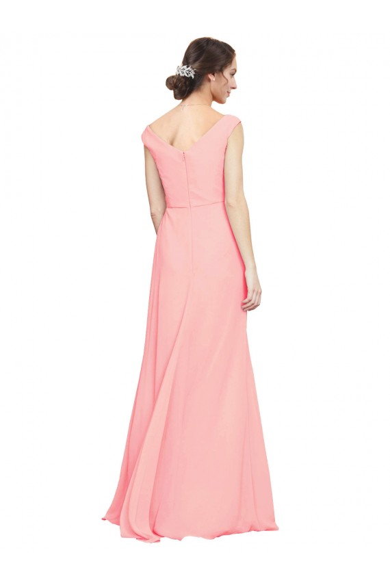 Salmão Linha A Decote V Chiffon Longo Vestidos de Madrinha Acessíveis