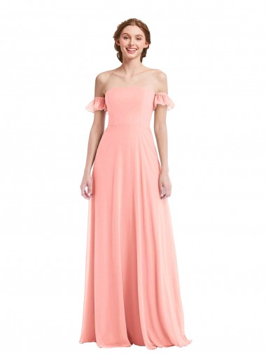 Salmão Linha A Fora do Ombro Chiffon Longo Vestidos de Madrinha