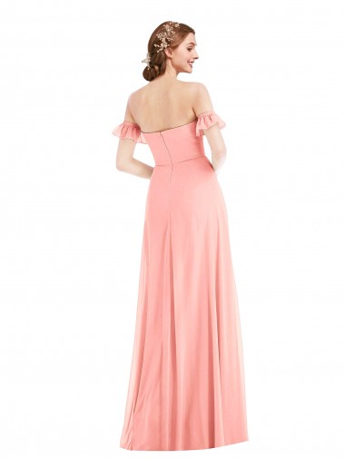 Salmão Linha A Fora do Ombro Chiffon Longo Vestidos de Madrinha