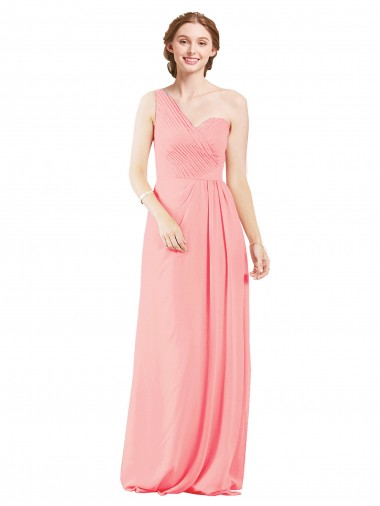 Salmão Linha A Um Ombro Chiffon Longo Vestidos de Madrinha