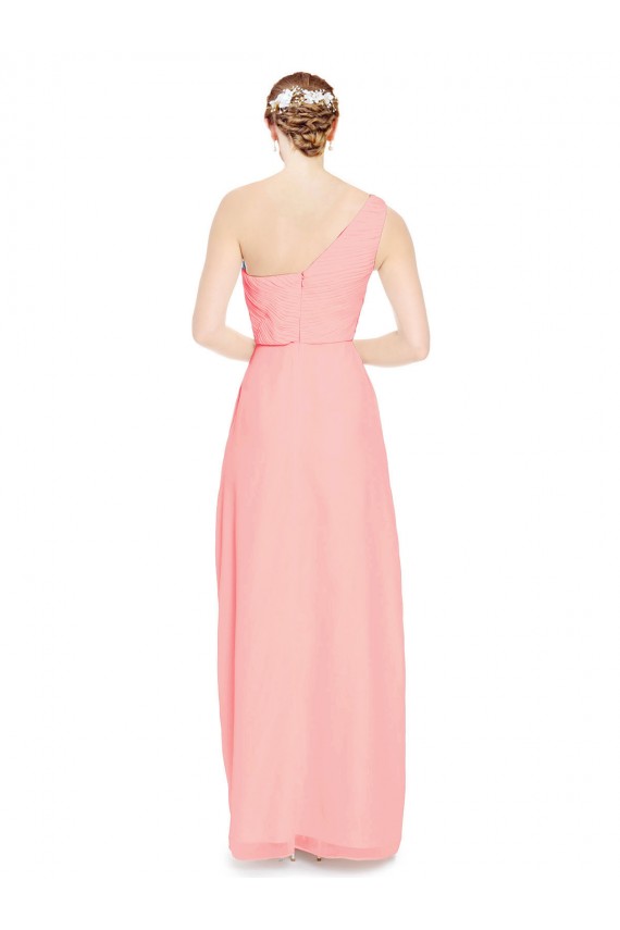 Salmão Linha A Um Ombro Chiffon Longo Vestidos de Madrinha Acessíveis