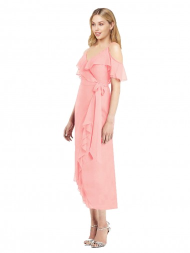 Salmão Trombeta Alças finas Alto Baixo Chiffon Curto Alto Baixo Vestidos de Madrinha