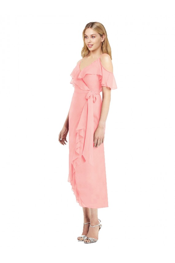 Salmão Trombeta Alças finas Alto Baixo Chiffon Curto Alto Baixo Vestidos de Madrinha Acessíveis