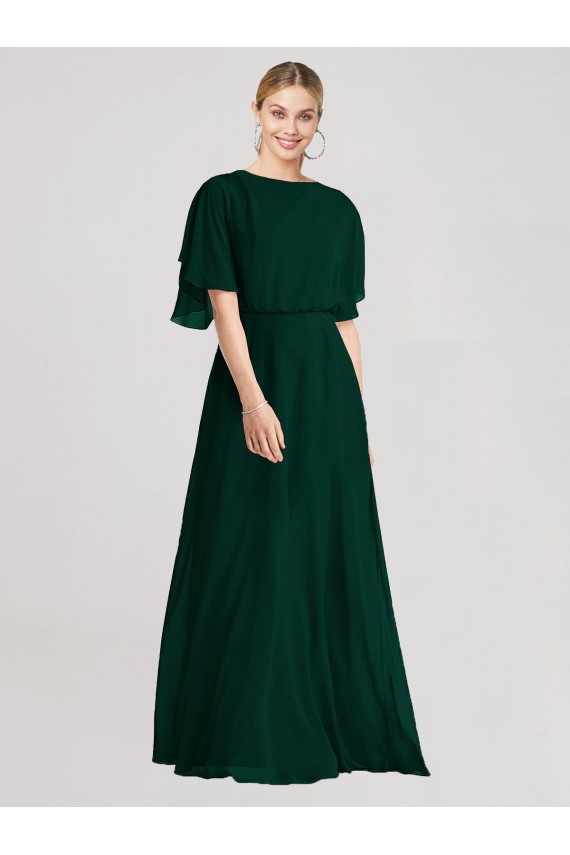 Sempre Verde Linha A Decote redondo Chiffon Longo Vestidos de Madrinha Acessíveis
