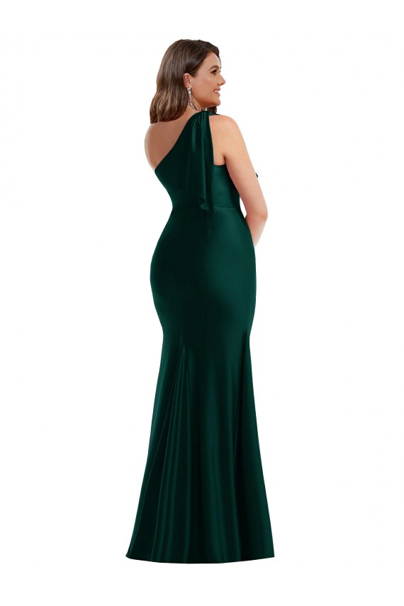Sempre Verde Sereia Um Ombro Cetim Sedoso Longo Formais Vestidos de Madrinha / Vestidos de Festa