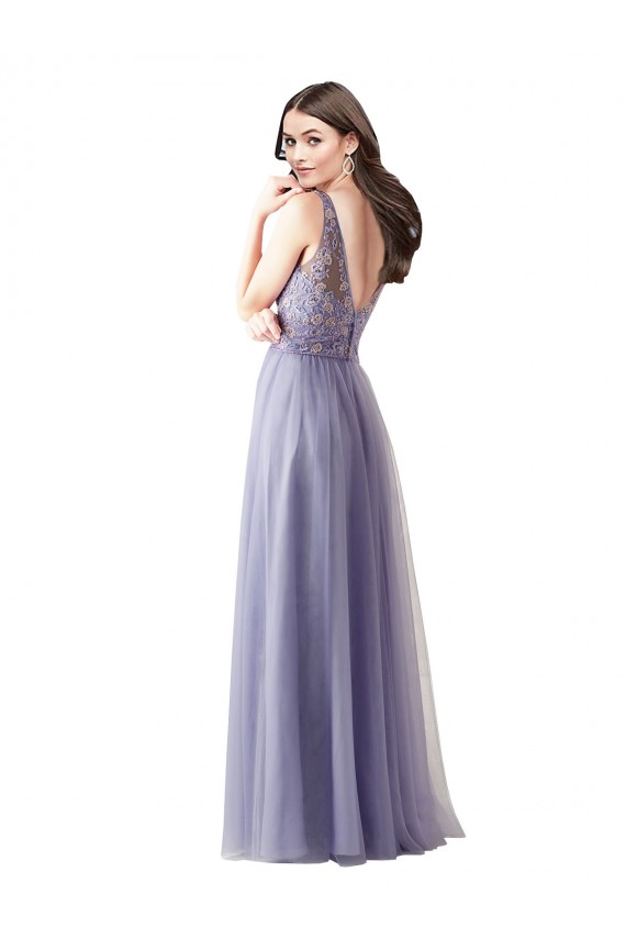 Tule & Renda Linha A Costas em V Amor Longo Vestidos de Madrinha Acessíveis