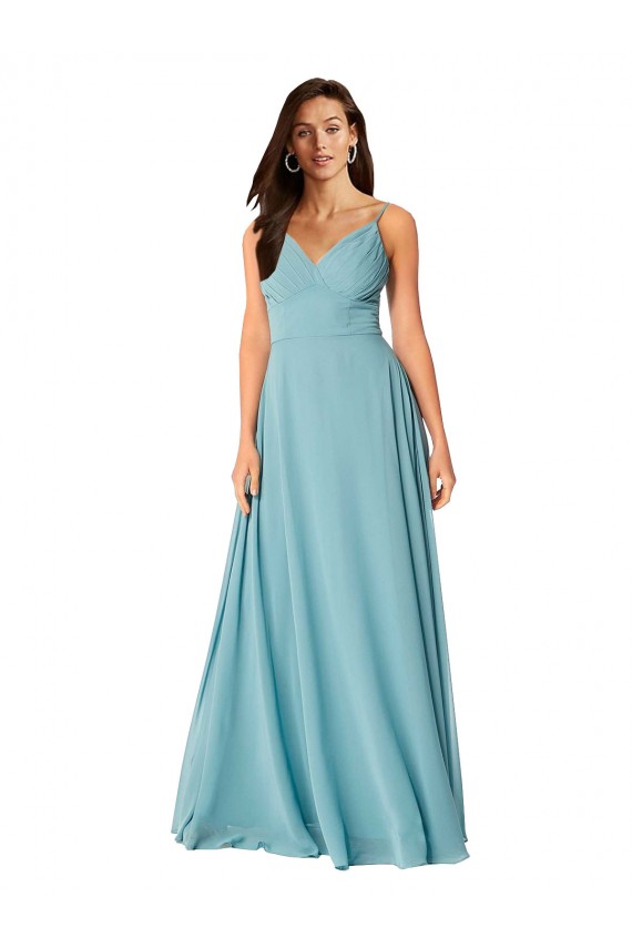 Turquesa Linha A Decote V Chiffon Longo Vestidos de Madrinha Acessíveis