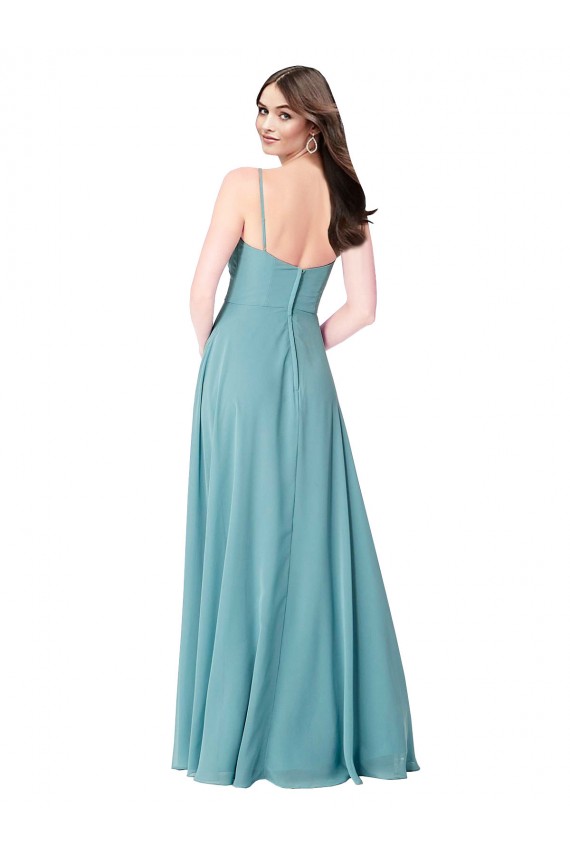 Turquesa Linha A Decote V Chiffon Longo Vestidos de Madrinha Acessíveis