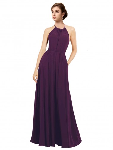 Uva Chiffon Linha A Buraco da fechadura Cabeçada Longo Vestidos de Madrinha