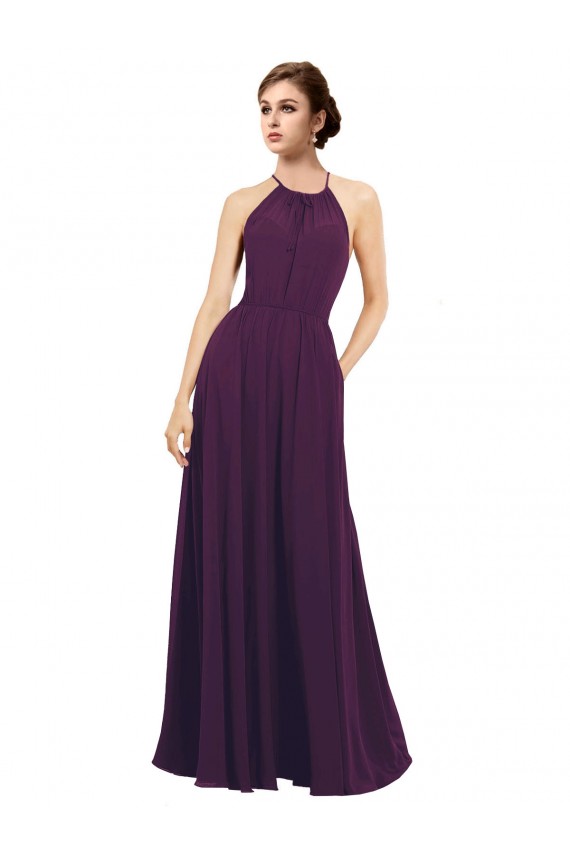 Uva Chiffon Linha A Buraco da fechadura Cabeçada Longo Vestidos de Madrinha Acessíveis