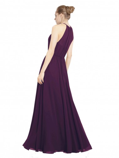 Uva Chiffon Linha A Buraco da fechadura Cabeçada Longo Vestidos de Madrinha