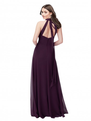 Uva Chiffon Linha A Buraco da fechadura Decote Alto Longo Vestidos de Madrinha
