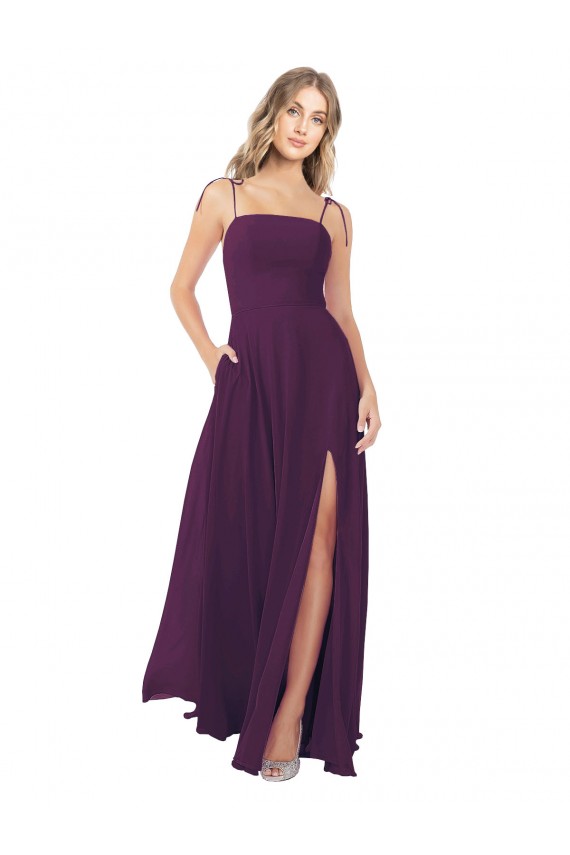 Uva Chiffon Linha A Buraco da fechadura Sem alças Longo Vestidos de Madrinha Acessíveis