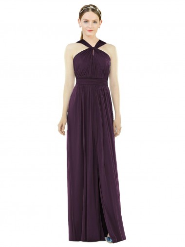 Uva Chiffon Linha A Costas em V Cabeçada Longo Vestidos de Madrinha