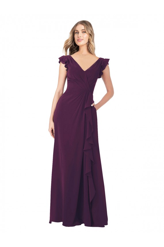 Uva Chiffon Linha A Mangas Curtas Decote V Longo Vestidos de Madrinha Acessíveis