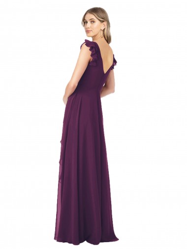 Uva Chiffon Linha A Mangas Curtas Decote V Longo Vestidos de Madrinha