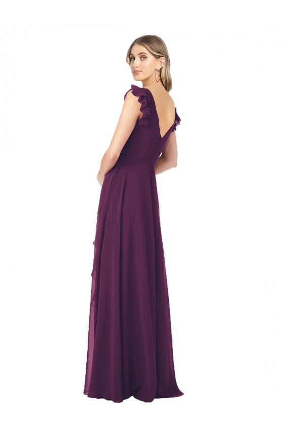 Uva Chiffon Linha A Mangas Curtas Decote V Longo Vestidos de Madrinha Acessíveis