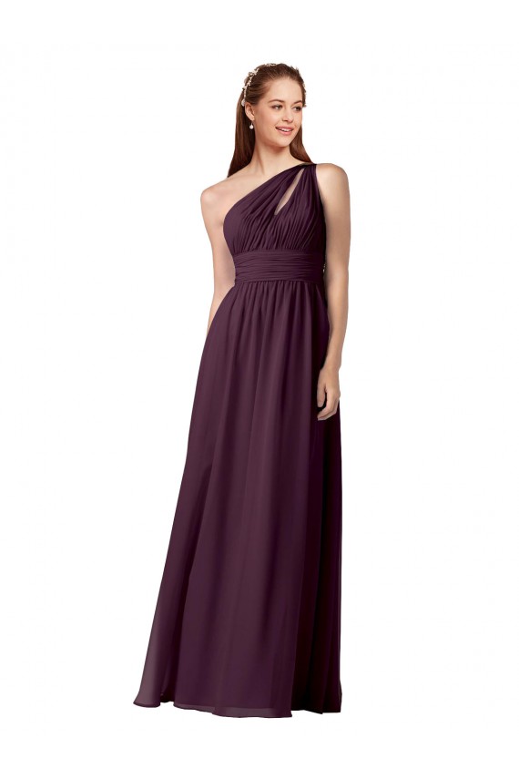 Uva Chiffon Linha A Um Ombro Longo Vestidos de Madrinha Acessíveis