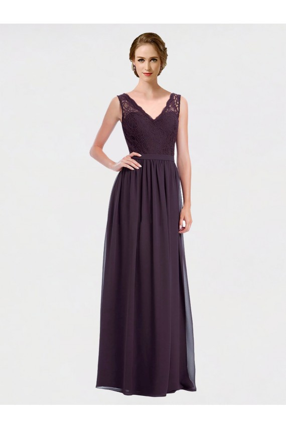 Uva Chiffon & Renda Linha A Costas em V Decote V Longo Vestidos de Madrinha Acessíveis
