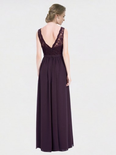 Uva Chiffon & Renda Linha A Costas em V Decote V Longo Vestidos de Madrinha