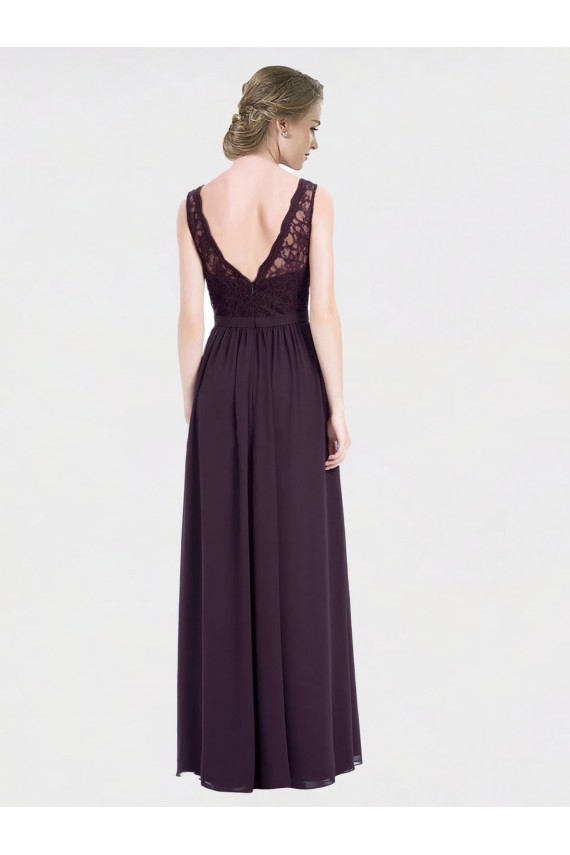 Uva Chiffon & Renda Linha A Costas em V Decote V Longo Vestidos de Madrinha Acessíveis