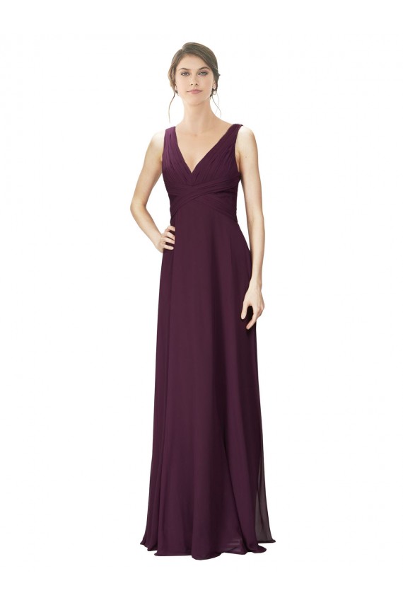 Uva Chiffon & Renda Linha A Decote V Longo Vestidos de Madrinha Acessíveis