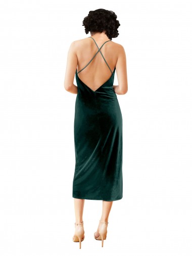 Verde Escuro Bainha Alças finas Comprimento Midi Veludo Elástico Curto Formais Vestidos de Madrinha / Vestidos de Festa