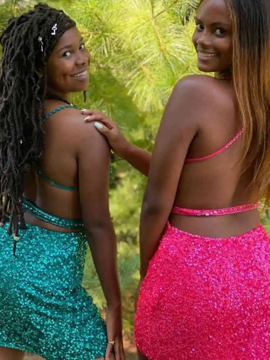 Verde Escuro Bainha Decote V Curto Lantejoulas Veludo Curto Lantejoulas Veludo Vestidos de Festa