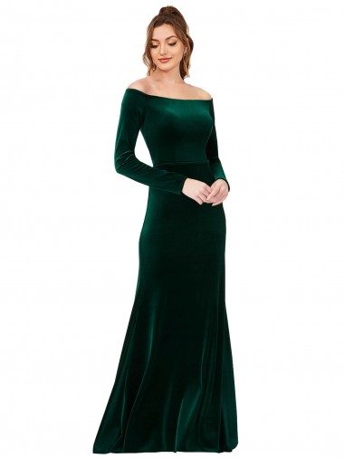 Verde Escuro Bainha Fora do Ombro Veludo Elástico Longo Formais Vestidos de Madrinha / Vestidos de Festa