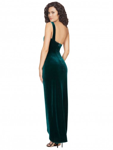 Verde Escuro Bainha Um Ombro Alto Baixo Veludo Elástico Longo Alto Baixo Vestidos de Madrinha / Vestidos de Festa