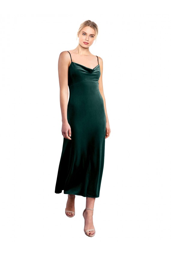 Verde Escuro Linha A Alças finas Comprimento Midi Veludo Elástico Curto Vestidos de Madrinha / Vestidos de Festa Acessíveis