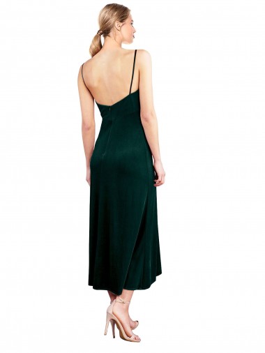 Verde Escuro Linha A Alças finas Comprimento Midi Veludo Elástico Curto Vestidos de Madrinha / Vestidos de Festa