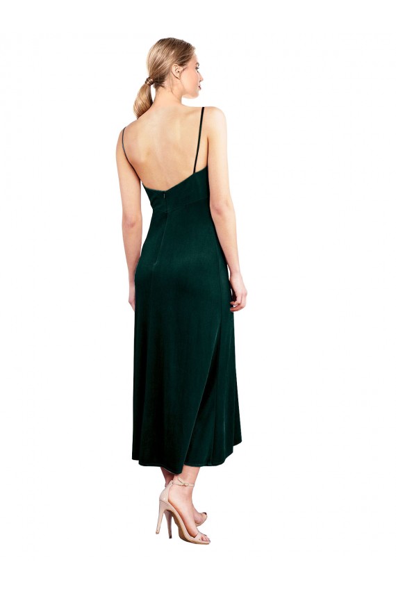 Verde Escuro Linha A Alças finas Comprimento Midi Veludo Elástico Curto Vestidos de Madrinha / Vestidos de Festa Acessíveis
