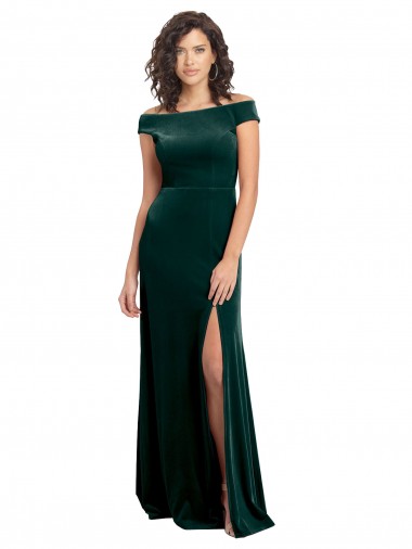 Verde Escuro Linha A Decote Quadrado Veludo Elástico Longo Formais Vestidos de Madrinha / Vestidos de Festa