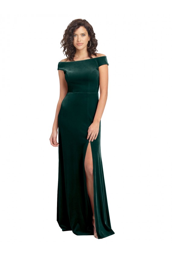 Verde Escuro Linha A Decote Quadrado Veludo Elástico Longo Formais Vestidos de Madrinha / Vestidos de Festa