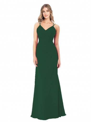 Verde Escuro Linha A Decote V Chiffon Longo Vestidos de Madrinha