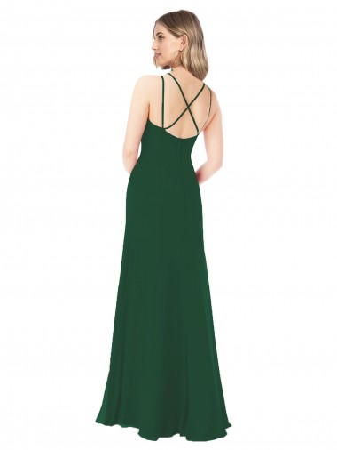 Verde Escuro Linha A Decote V Chiffon Longo Vestidos de Madrinha