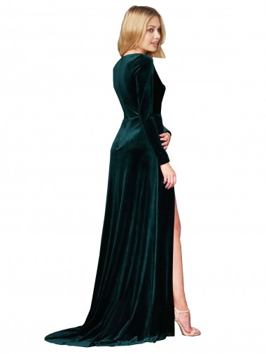 Verde Escuro Linha A Decote V Comboio Varredela Veludo Elástico Longo Formais Vestidos de Madrinha / Vestidos de Festa