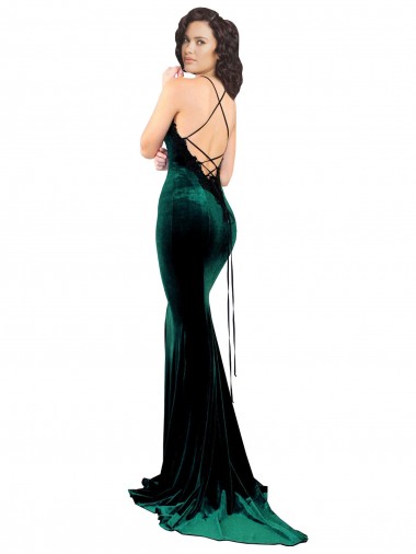 Verde Escuro Sereia Decote Alto Comboio Varredela Veludo Elástico Longo Formais Vestidos de Madrinha / Vestidos de Festa