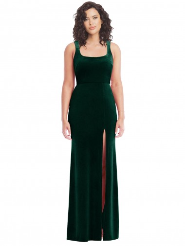 Verde Escuro Trombeta Decote Quadrado Veludo Elástico Longo Vestidos de Madrinha / Vestidos de Festa