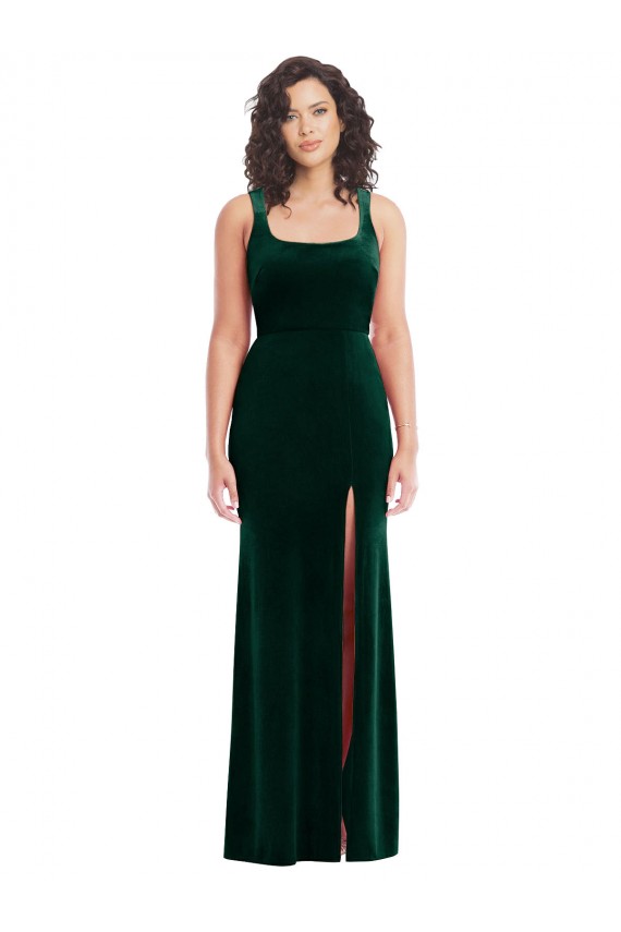 Verde Escuro Trombeta Decote Quadrado Veludo Elástico Longo Vestidos de Madrinha / Vestidos de Festa
