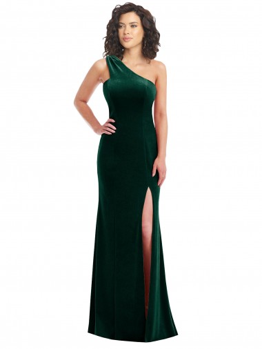 Verde Escuro Trombeta Um Ombro Veludo Elástico Longo Vestidos de Madrinha / Vestidos de Festa
