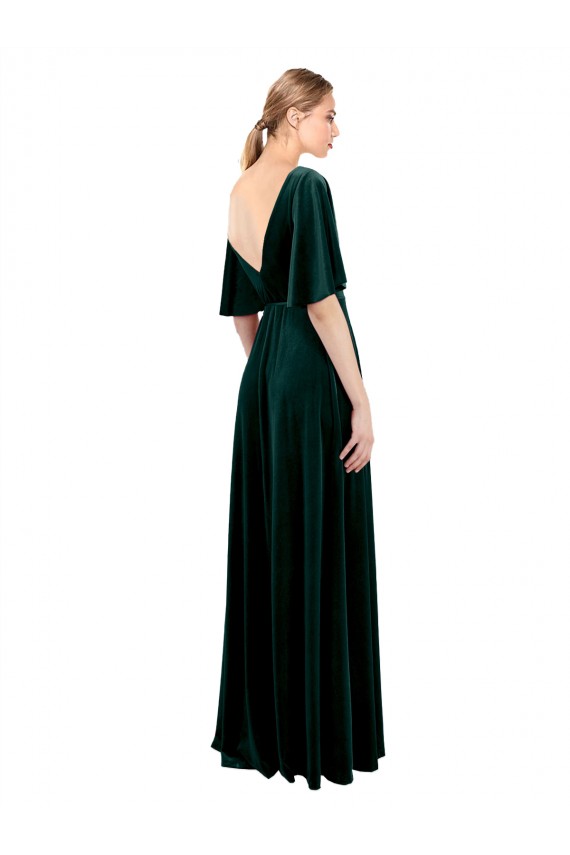 Verde Escuro Veludo Elástico Linha A Costas em V Decote V Longo Vestidos de Madrinha / Vestidos de Festa