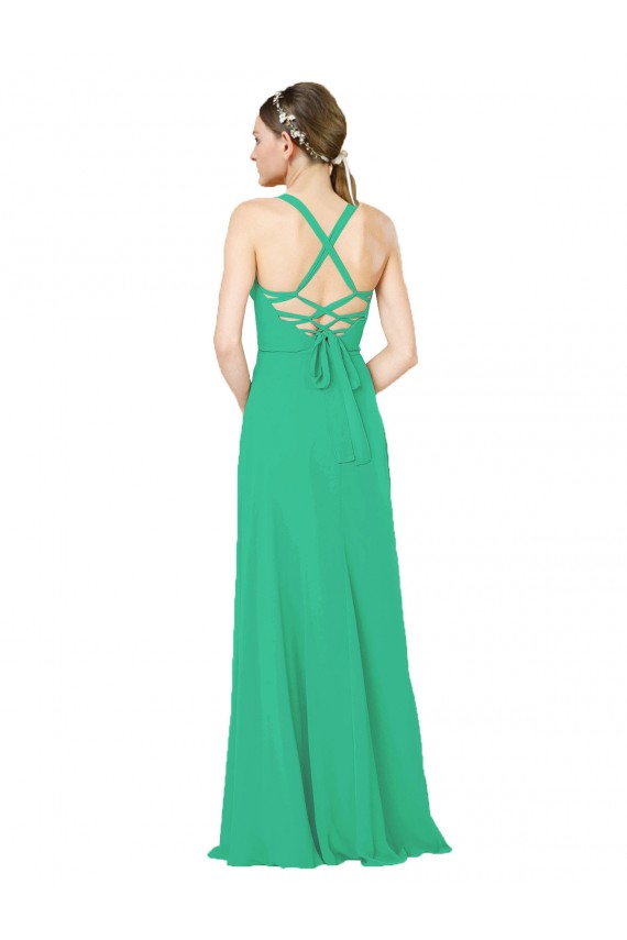Verde Esmeralda Bainha Decote V Chiffon Longo Vestidos de Madrinha