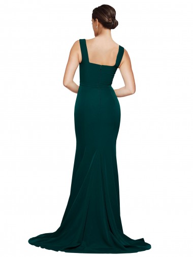 Verde Meia-Noite Bainha Decote Quadrado Comboio Varredela Crepe Esticado Longo Vestidos de Madrinha / Vestidos de Festa