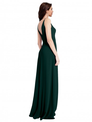 Verde Meia-Noite Crepe Esticado Linha A Costas em V Decote V Longo Formais Vestidos de Madrinha / Vestidos de Noite / Vestidos de Festa