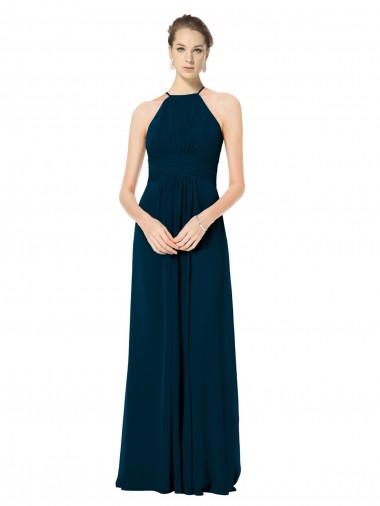 Verde Meia-Noite Linha A Alças finas Chiffon Longo Vestidos de Madrinha