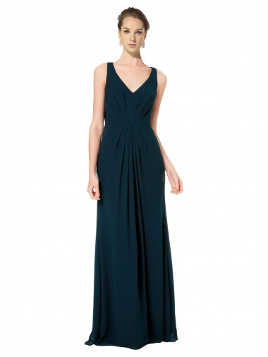 Verde Meia-Noite Linha A Decote V Chiffon Longo Vestidos de Madrinha